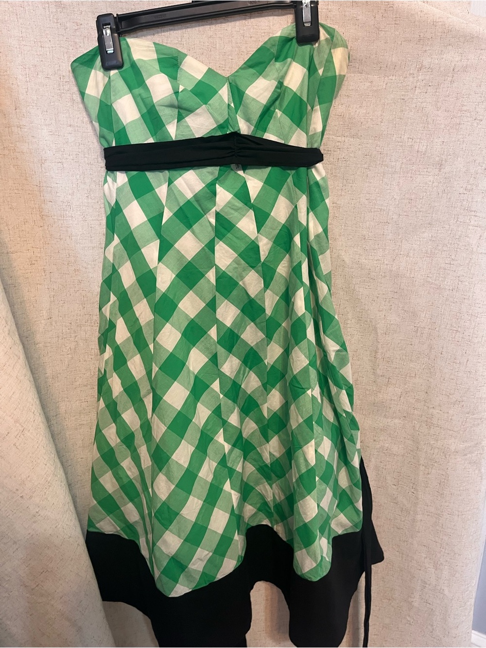 Odille Strapless Green & White Gingham Dress with Black Waistband